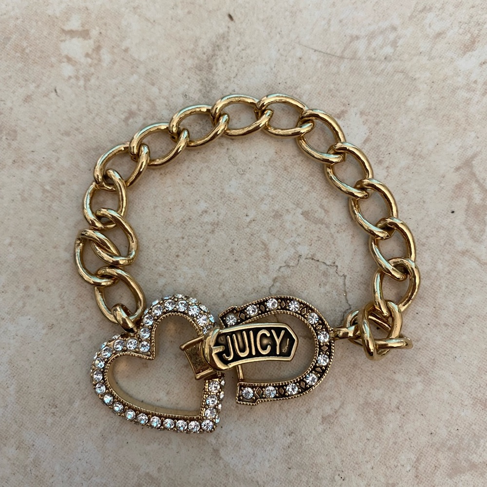 Vintage Juicy Couture gold and rhinestone bracelet with horseshoe and heart